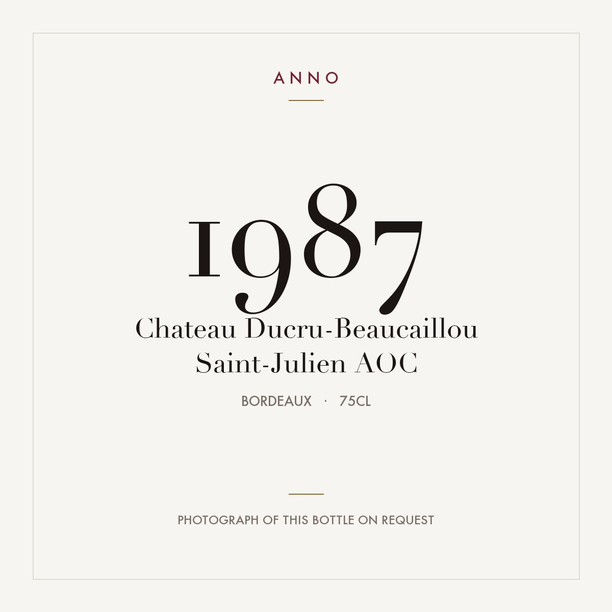 Chateau Ducru-Beaucaillou Saint-Julien 1987 AOC 0,75l from Bordeaux — ANNO vintage card; photograph of the actual bottle available on request