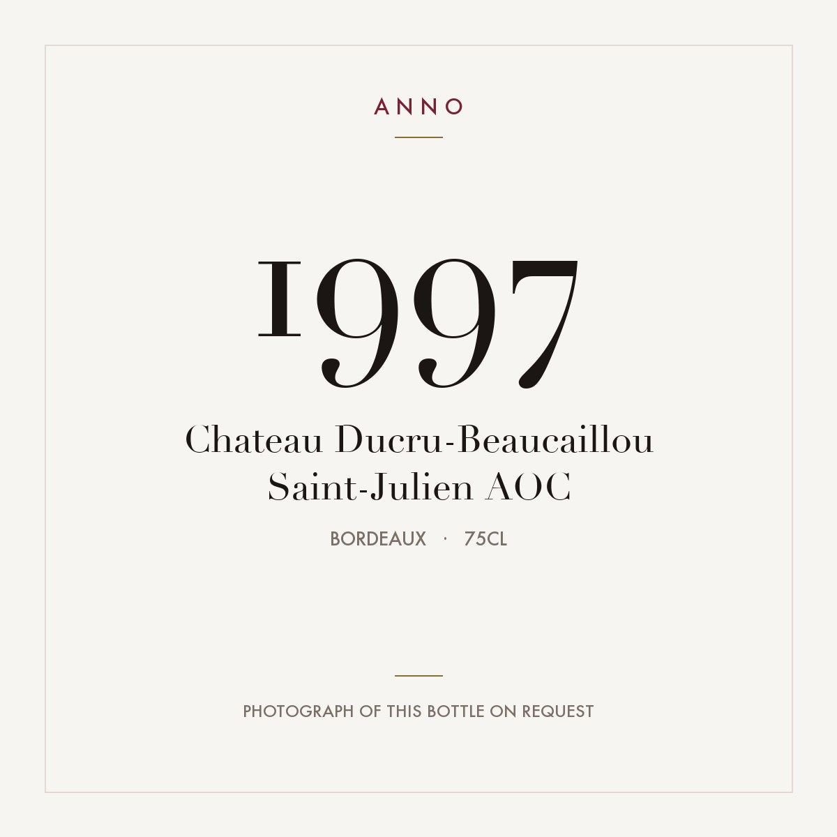 Chateau Ducru-Beaucaillou Saint-Julien 1997 AOC 0,75l, Burdeos — tarjeta de añada ANNO; foto de la botella real disponible bajo petición