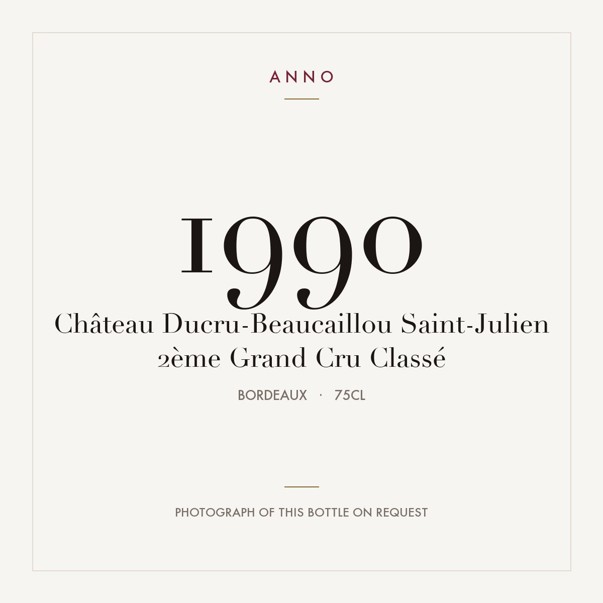 Chateau Ducru-Beaucaillou Saint-Julien 1990 AOC 0,75l — ANNO vintage card; photograph of the actual bottle available on request