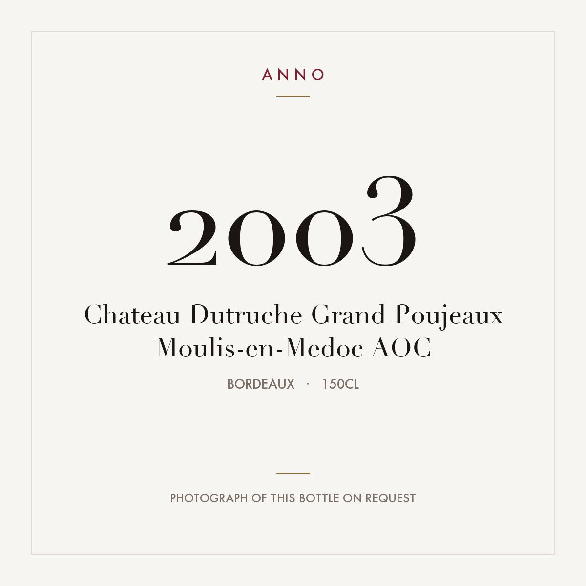 Chateau Dutruche Grand Poujeaux Moulis-en-Medoc 2003 AOC 1,5l from Bordeaux — ANNO vintage card; photograph of the actual bottle available on request
