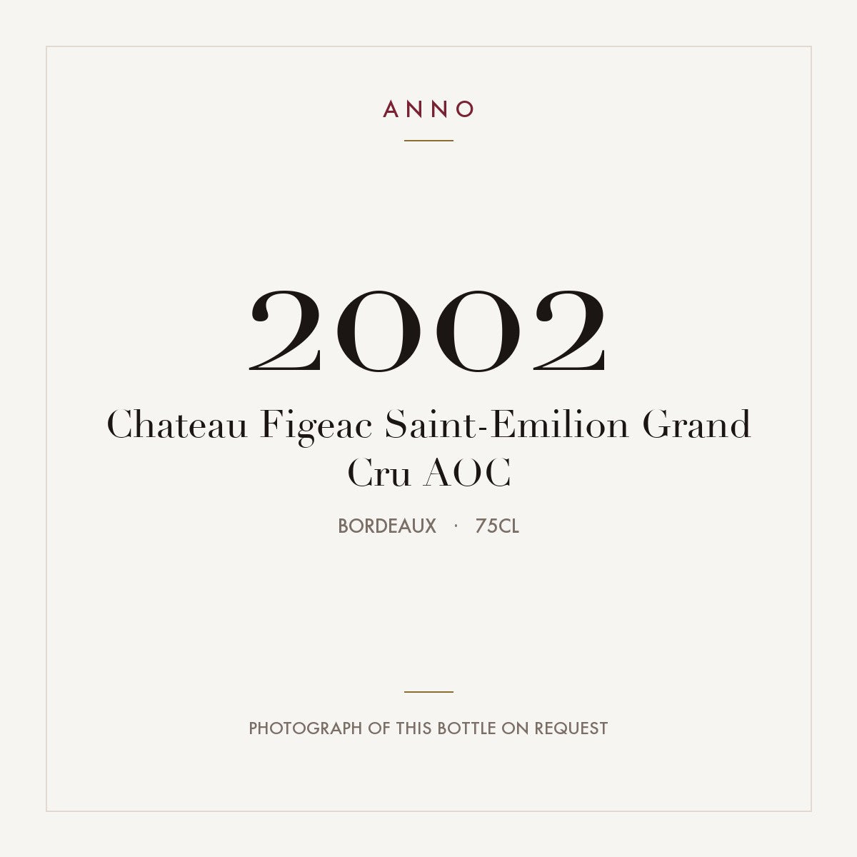 Chateau Figeac Saint-Emilion Grand Cru 2002 AOC 0,75l, Bordéus — cartão de colheita ANNO; fotografia da garrafa real disponível a pedido