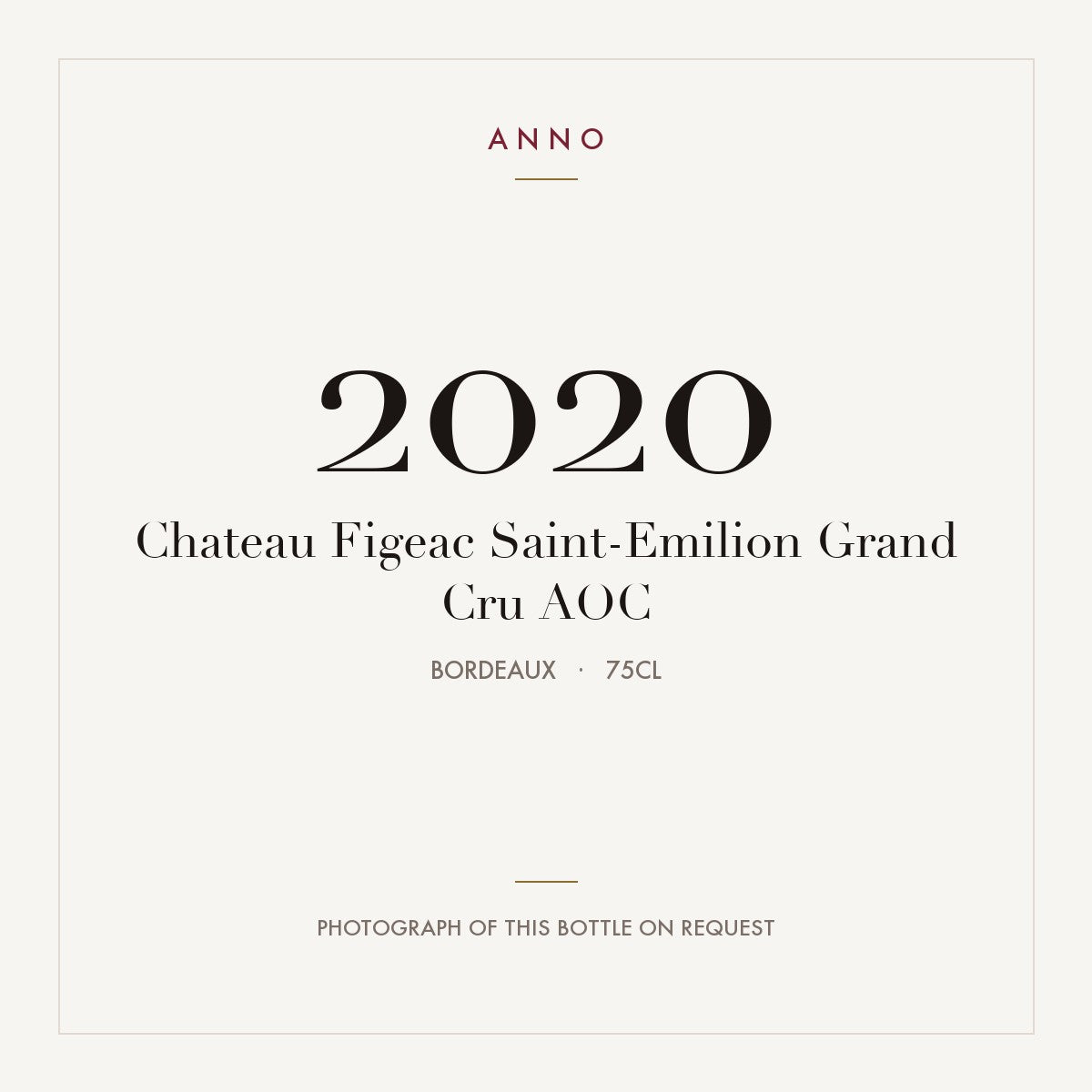 Chateau Figeac Saint-Emilion Grand Cru 2020 AOC 0,75l from Bordeaux — ANNO vintage card; photograph of the actual bottle available on request