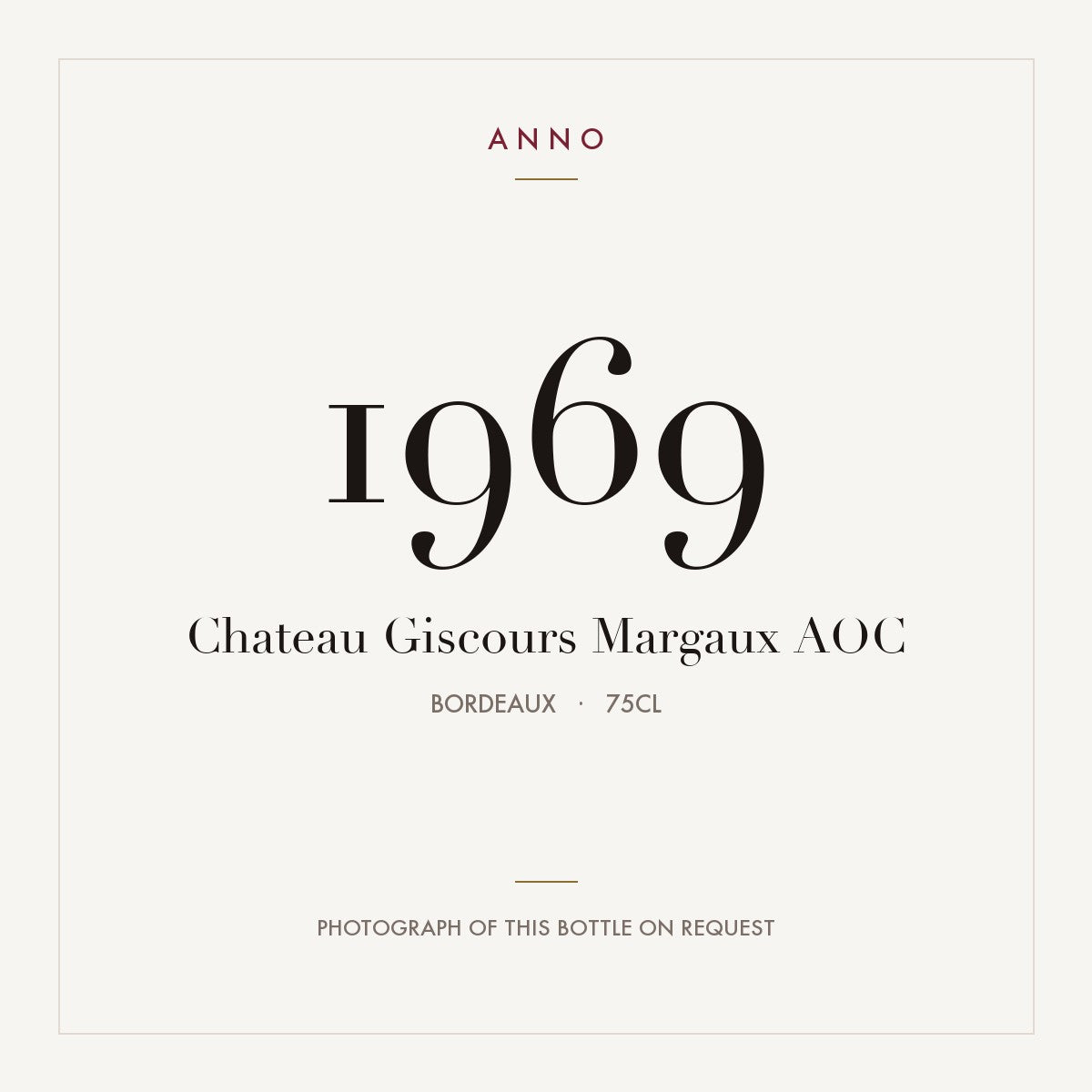 Chateau Giscours Margaux 1969 AOC 0,75l, Bordeaux — carte millésime ANNO ; photo de la bouteille réelle disponible sur demande