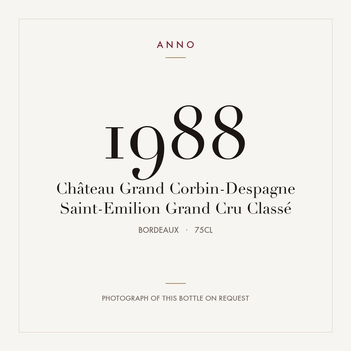Chateau Grand Corbin-Despagne Saint-Emilion Grand Cru 1988 AOC 0,75l — ANNO vintage card; photograph of the actual bottle available on request