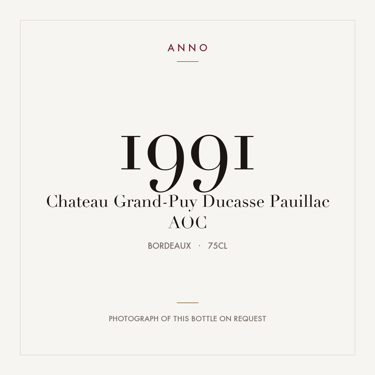 Chateau Grand-Puy Ducasse Pauillac 1991 AOC 0,75l from Bordeaux — ANNO vintage card; photograph of the actual bottle available on request