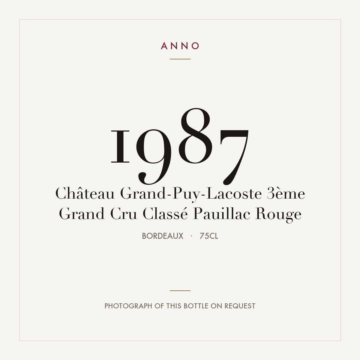 Chateau Grand-Puy-Lacoste Pauillac 1987 AOC 0,75l — ANNO vintage card; photograph of the actual bottle available on request