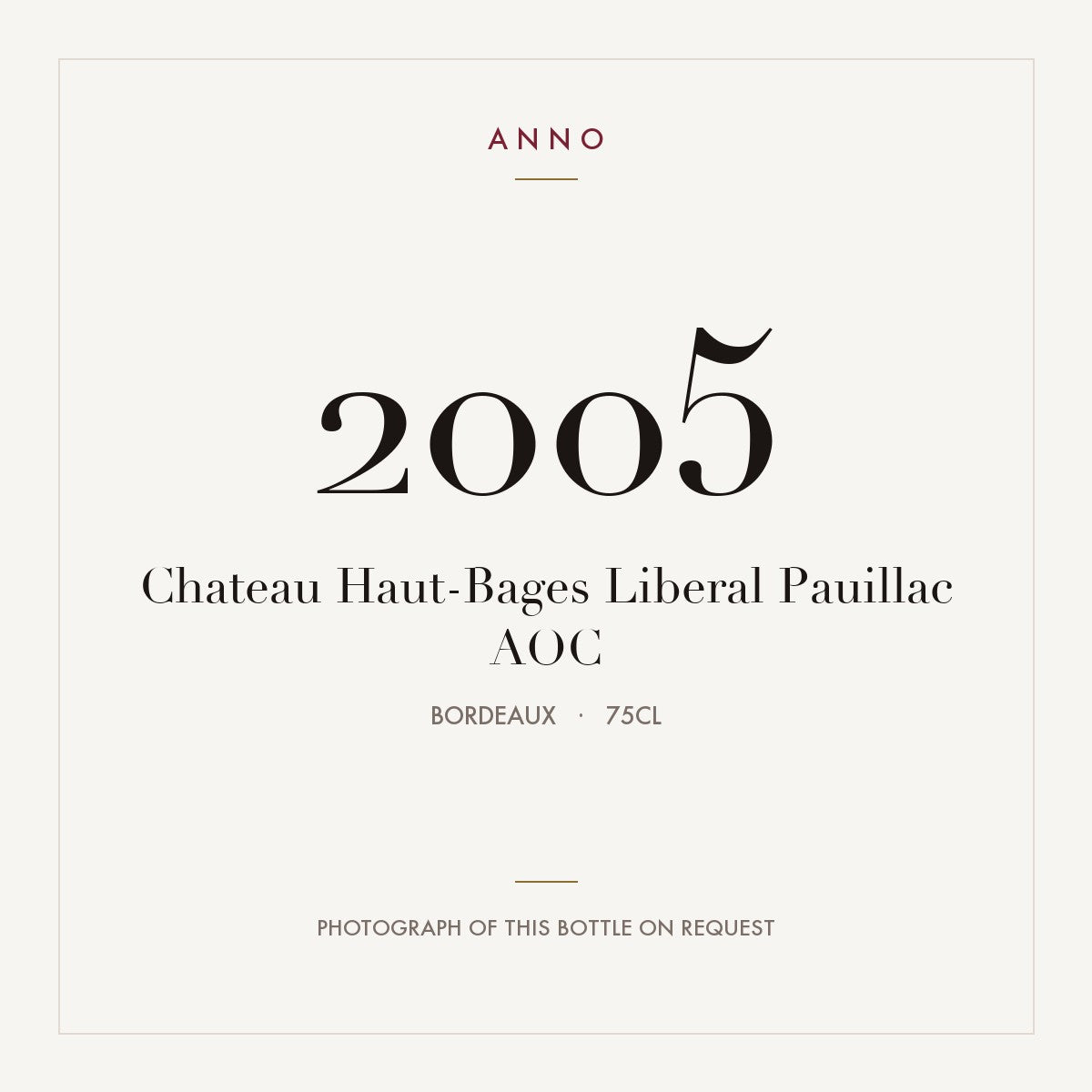 Chateau Haut-Bages Liberal Pauillac 2005 AOC 0,75l from Bordeaux — ANNO vintage card; photograph of the actual bottle available on request