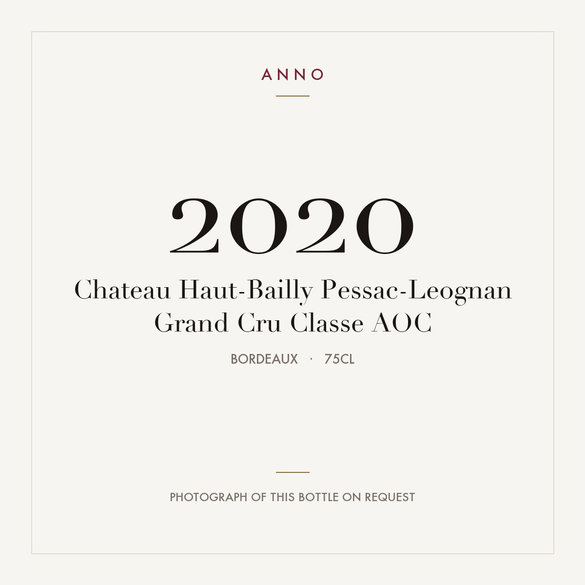 Chateau Haut-Bailly Pessac-Leognan Grand Cru Classe 2020 AOC 0,75l, Burdeos — tarjeta de añada ANNO; foto de la botella real disponible bajo petición