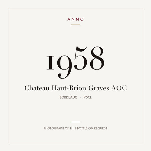Chateau Haut-Brion Graves 1958 AOC 0,75l, Burdeos — tarjeta de añada ANNO; foto de la botella real disponible bajo petición