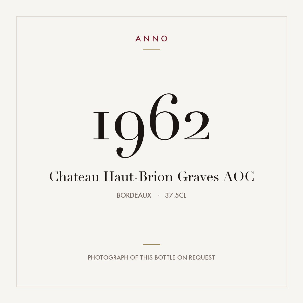 Chateau Haut-Brion Graves 1962 AOC 0,375l from Bordeaux — ANNO vintage card; photograph of the actual bottle available on request