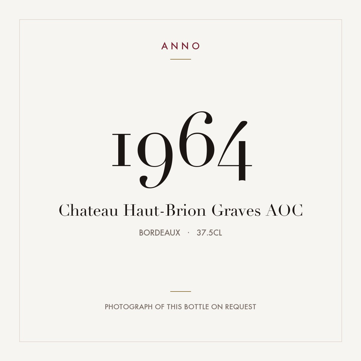 Chateau Haut-Brion Graves 1964 AOC 0,375l, Bordeaux — carte millésime ANNO ; photo de la bouteille réelle disponible sur demande