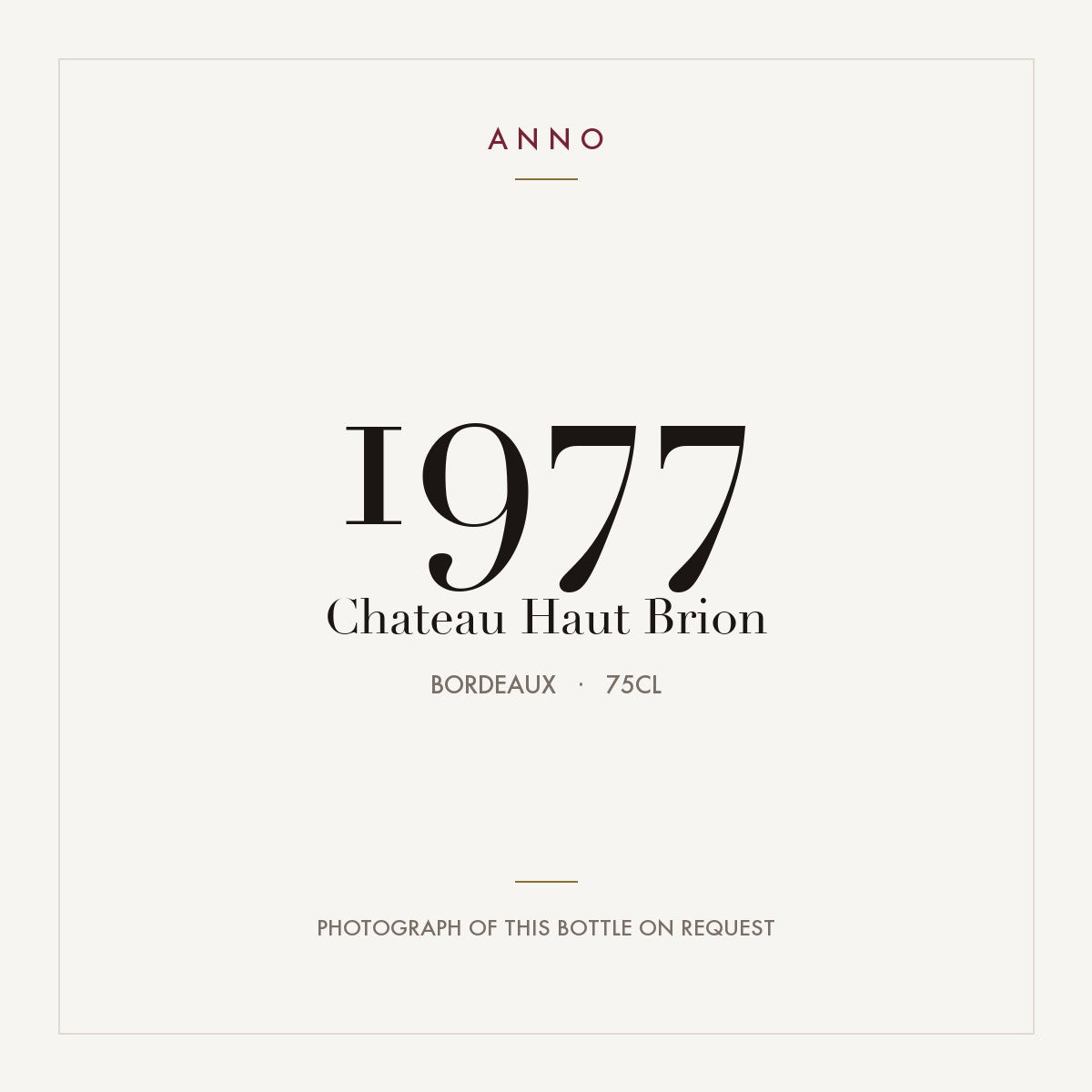 Chateau Haut-Brion Graves 1977 AOC 0,75l — carte millésime ANNO ; photo de la bouteille réelle disponible sur demande