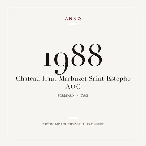 Chateau Haut-Marbuzet Saint-Estephe 1988 AOC 0,75l from Bordeaux — ANNO vintage card; photograph of the actual bottle available on request