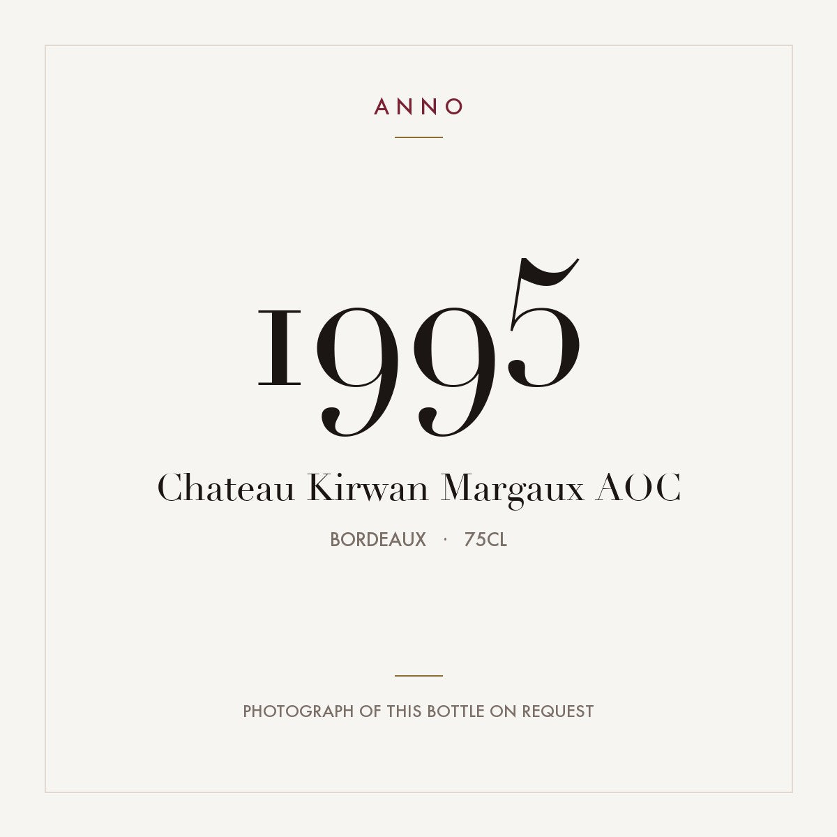 Chateau Kirwan Margaux 1995 AOC 0,75l, Bordéus — cartão de colheita ANNO; fotografia da garrafa real disponível a pedido