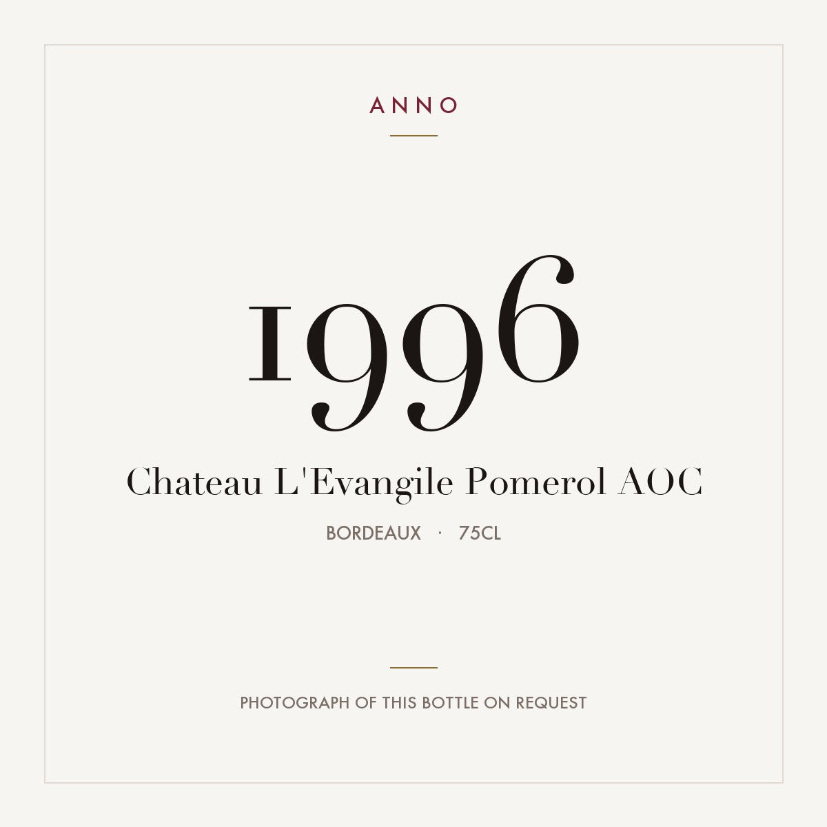 Chateau L'Evangile Pomerol 1996 AOC 0,75l from Bordeaux — ANNO vintage card; photograph of the actual bottle available on request