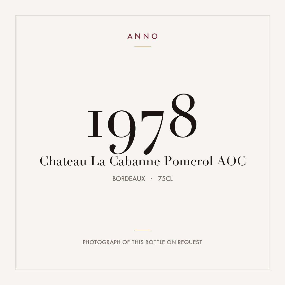 Chateau La Cabanne Pomerol 1978 AOC 0,75l from Bordeaux — ANNO vintage card; photograph of the actual bottle available on request