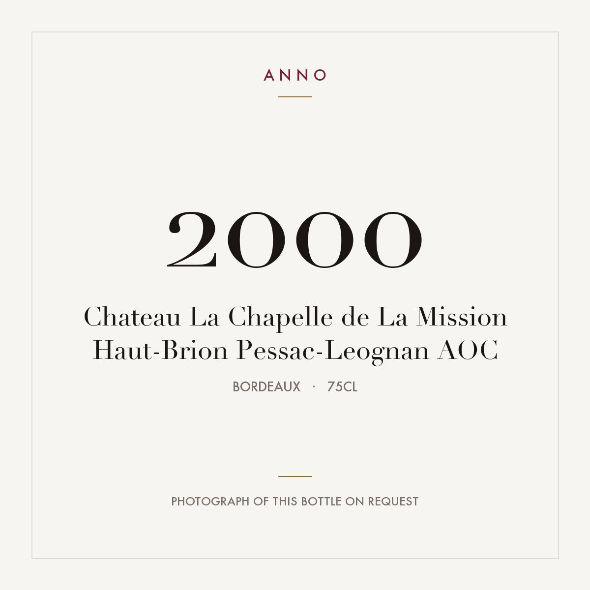 Chateau La Chapelle de La Mission Haut-Brion Pessac-Leognan 2000 AOC 0,75l from Bordeaux — ANNO vintage card; photograph of the actual bottle available on request
