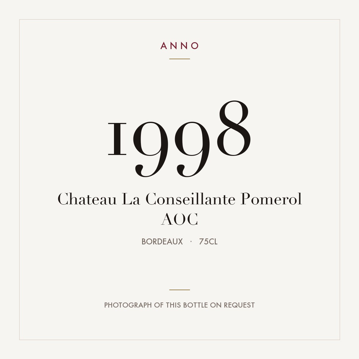 Chateau La Conseillante Pomerol 1998 AOC 0,75l, Bordéus — cartão de colheita ANNO; fotografia da garrafa real disponível a pedido