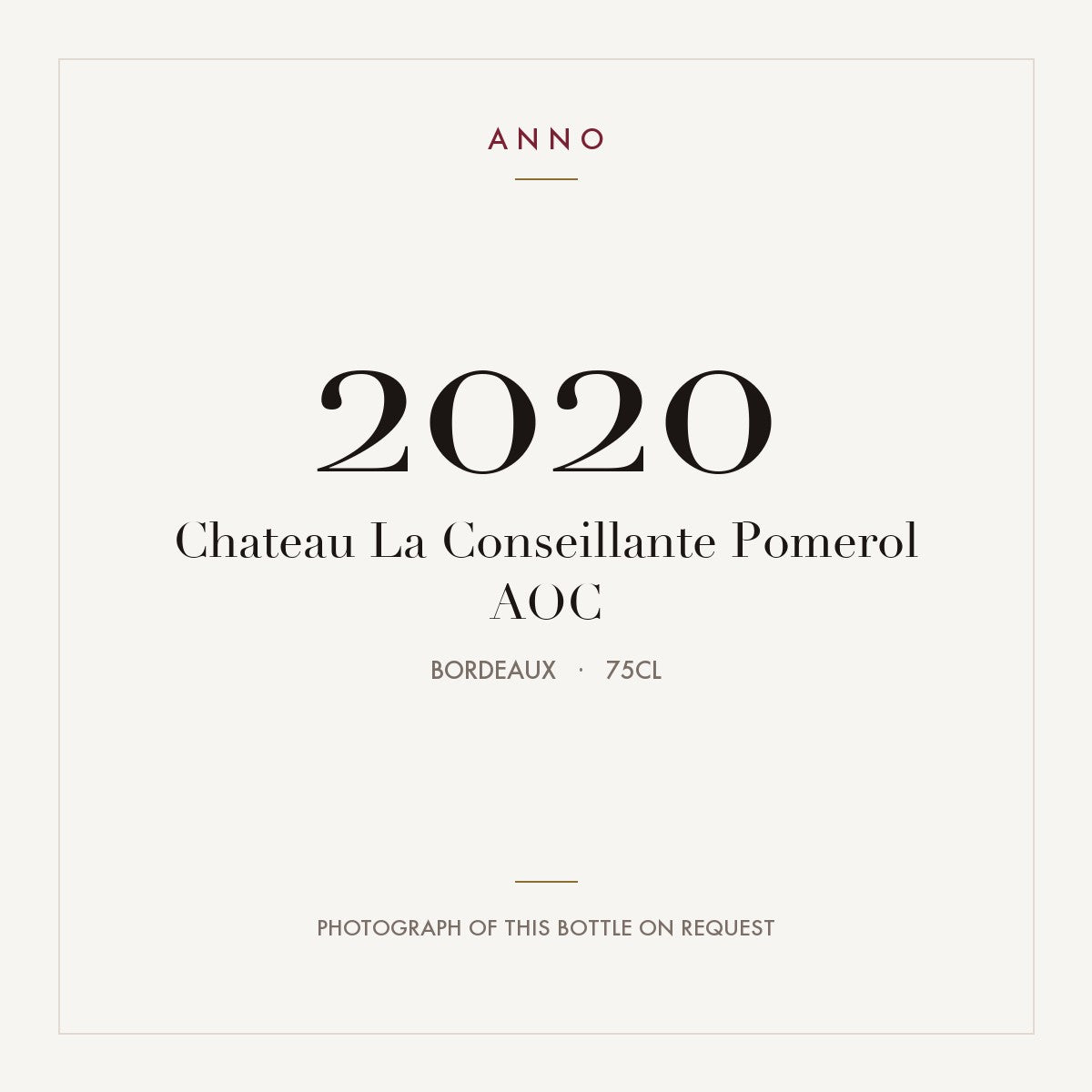 Chateau La Conseillante Pomerol 2020 AOC 0,75l from Bordeaux — ANNO vintage card; photograph of the actual bottle available on request