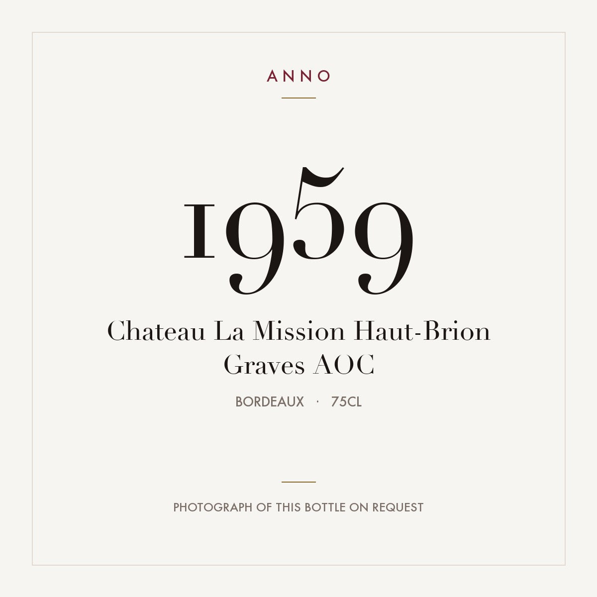 Chateau La Mission Haut-Brion Graves 1959 AOC 0,75l, Бордо — карточка урожая ANNO; фото настоящей бутылки по запросу