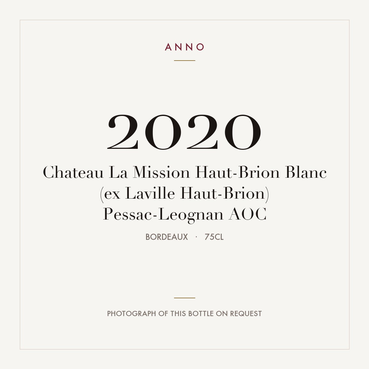 Chateau La Mission Haut-Brion Blanc (ex Laville Haut-Brion) Pessac-Leognan 2020 AOC 0,75l from Bordeaux — ANNO vintage card; photograph of the actual bottle available on request