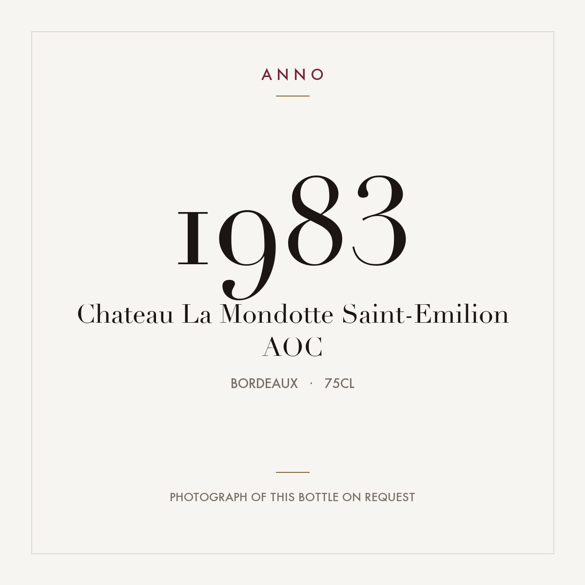 Chateau La Mondotte Saint-Emilion 1983 AOC 0,75l from Bordeaux — ANNO vintage card; photograph of the actual bottle available on request