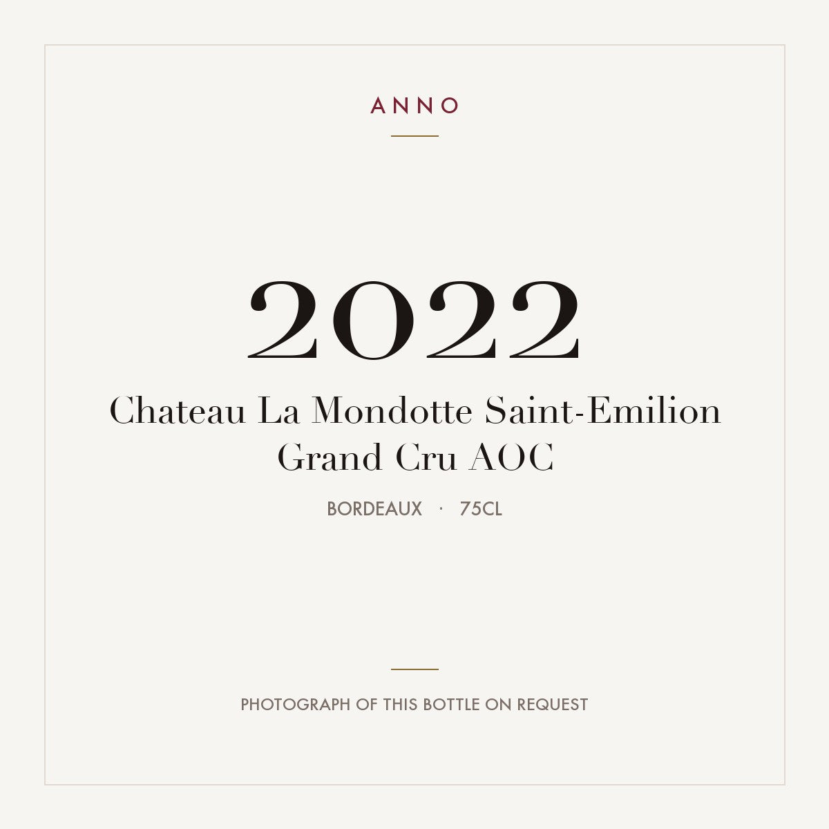 Chateau La Mondotte Saint-Emilion Grand Cru 2022 AOC 0,75l from Bordeaux — ANNO vintage card; photograph of the actual bottle available on request
