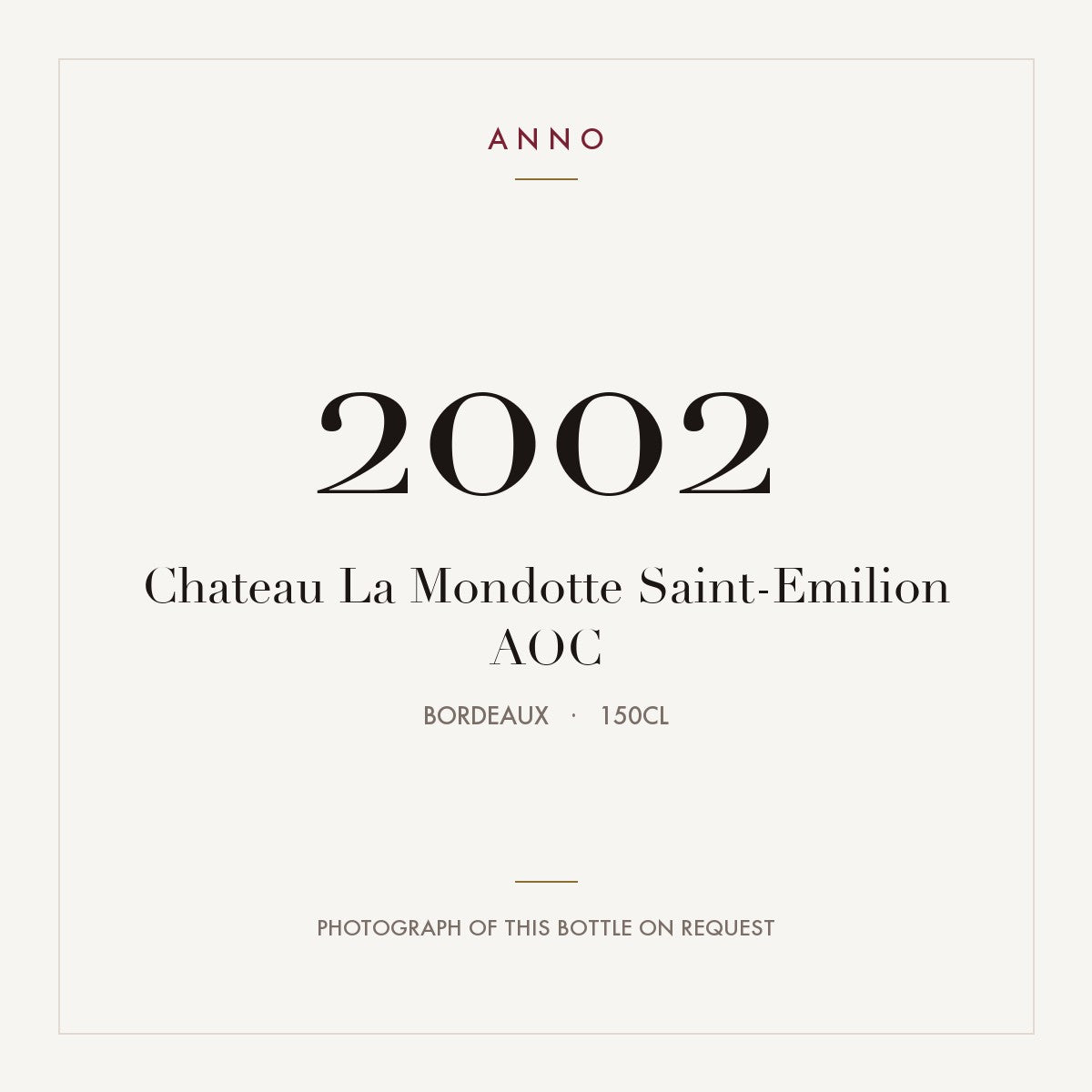 Chateau La Mondotte Saint-Emilion 2002 AOC 1,5l from Bordeaux — ANNO vintage card; photograph of the actual bottle available on request