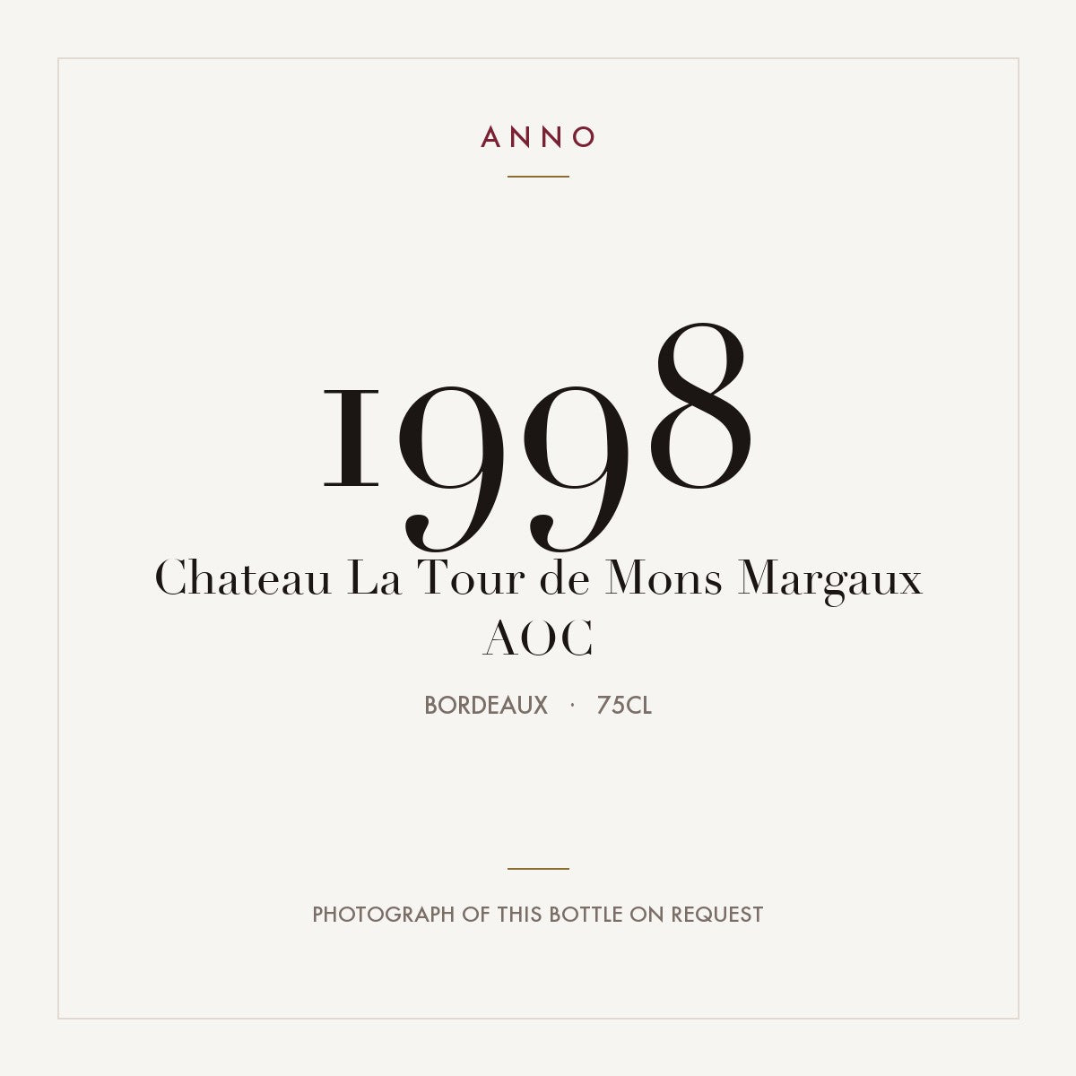 Chateau La Tour de Mons Margaux 1998 AOC 0,75l from Bordeaux — ANNO vintage card; photograph of the actual bottle available on request