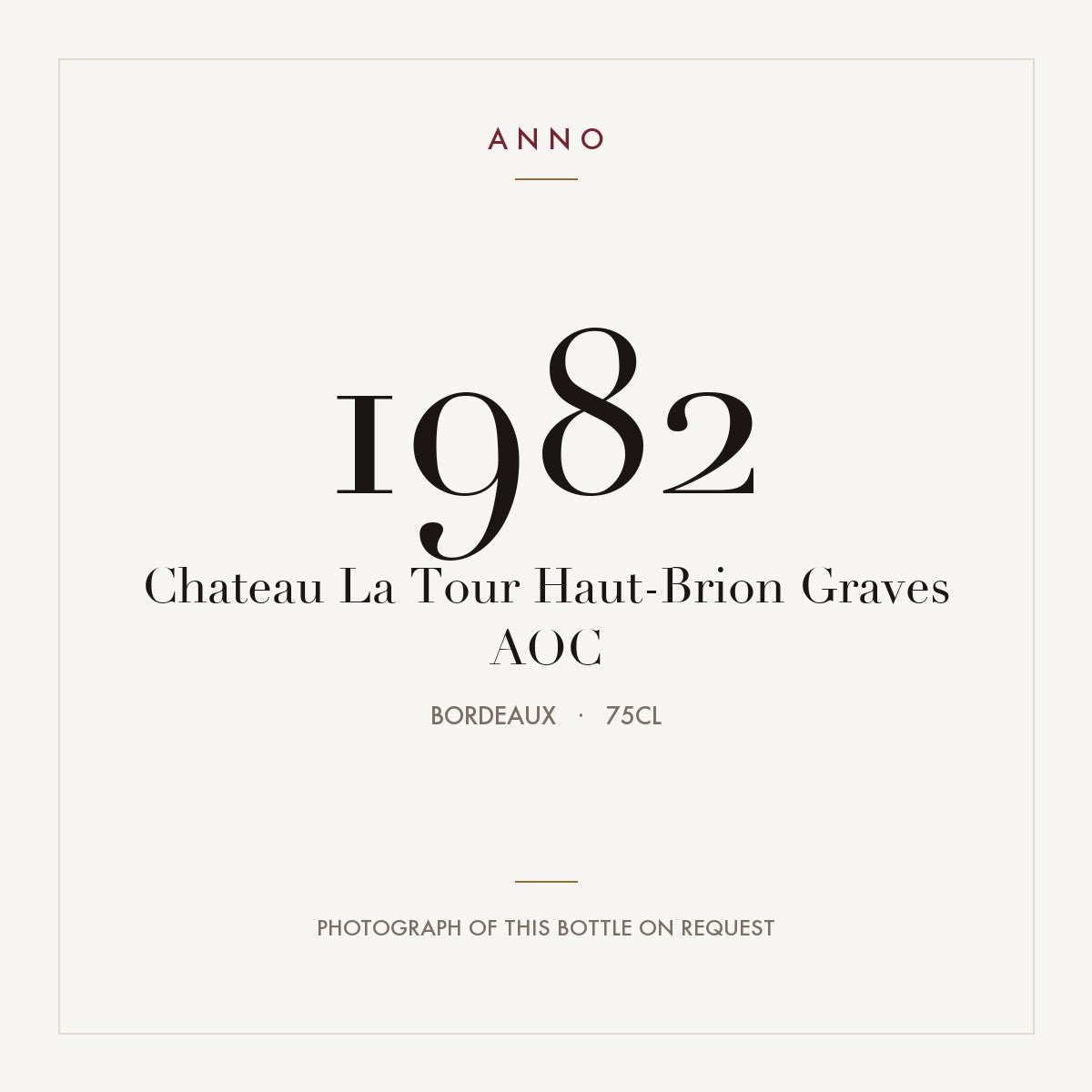 Chateau La Tour Haut-Brion Pessac-Leognan 1982 AOC 0,75l from Bordeaux — ANNO vintage card; photograph of the actual bottle available on request