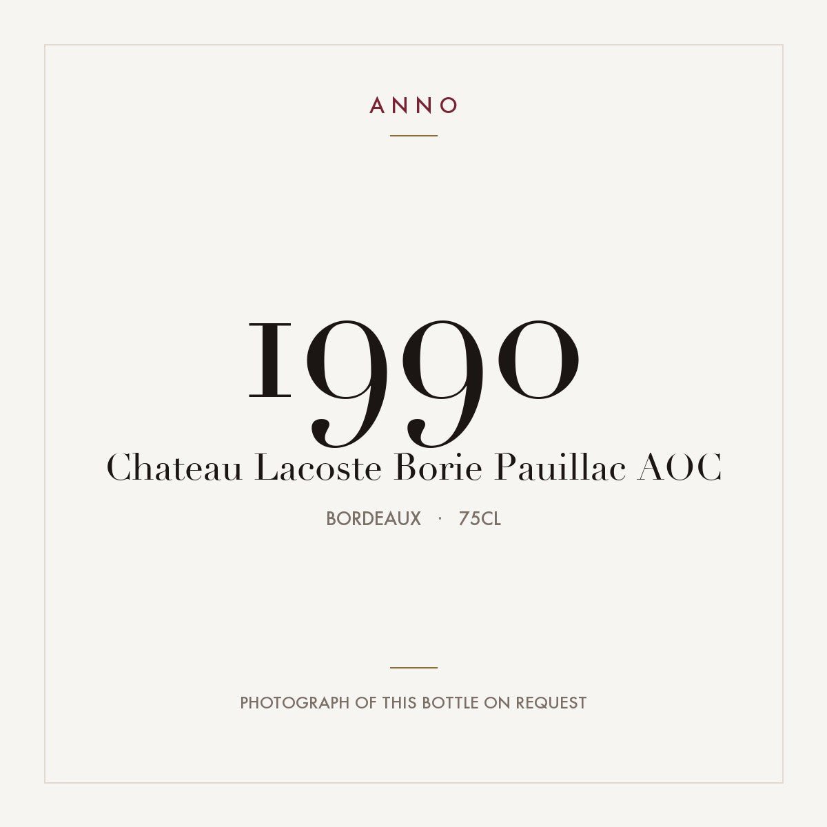 Chateau Lacoste Borie Pauillac 1990 AOC 0,75l from Bordeaux — ANNO vintage card; photograph of the actual bottle available on request