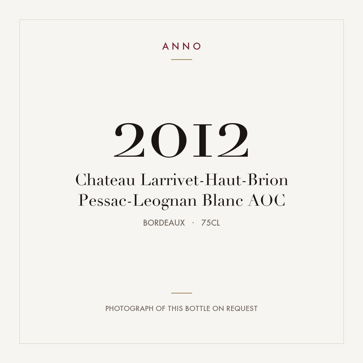 Chateau Larrivet-Haut-Brion Pessac-Leognan Blanc 2012 AOC 0,75l, Bordeaux — card dell'annata ANNO; foto della bottiglia reale disponibile su richiesta