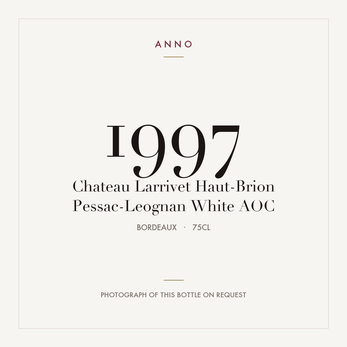 Chateau Larrivet Haut-Brion Pessac-Leognan White 1997 AOC 0,75l from Bordeaux — ANNO vintage card; photograph of the actual bottle available on request