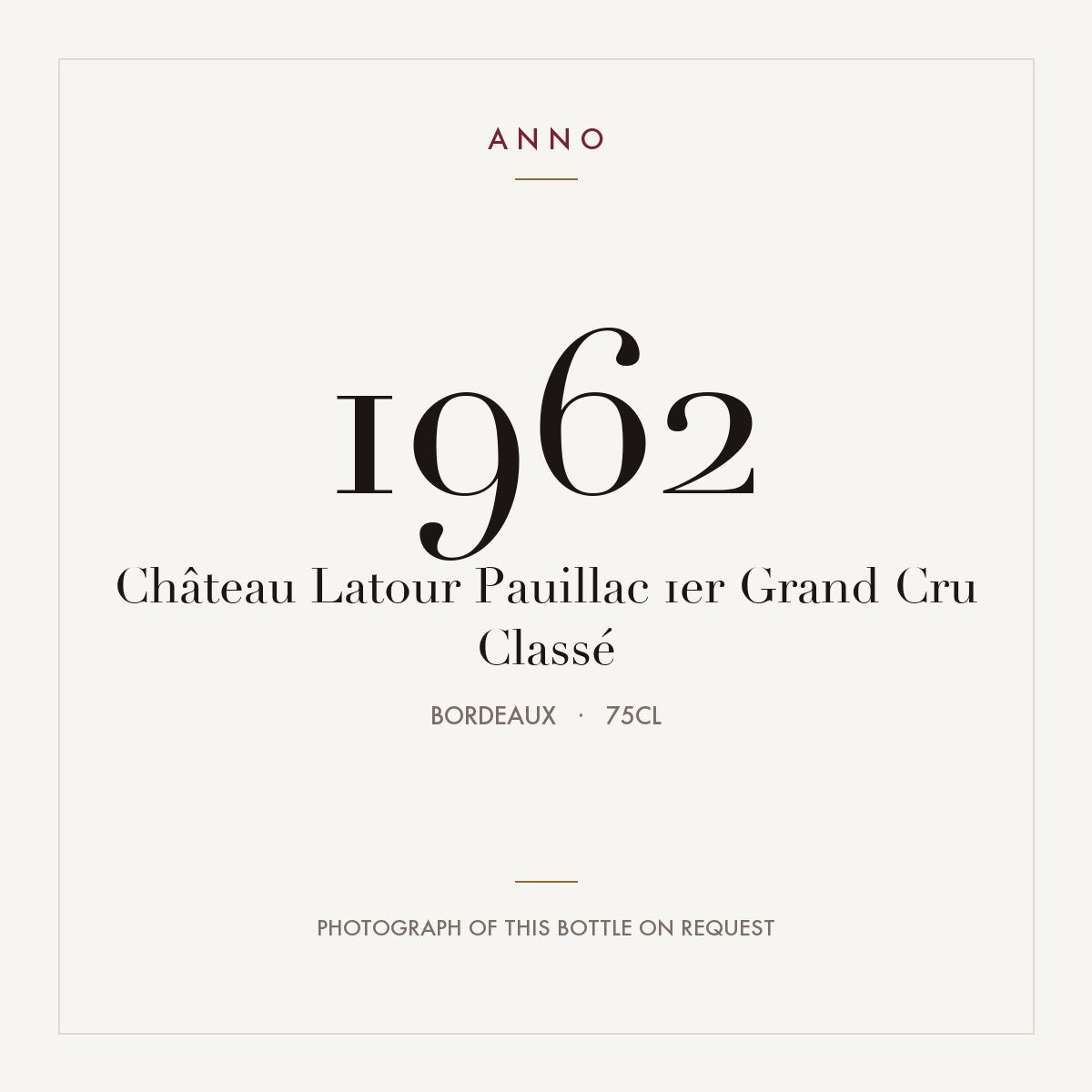 Chateau Latour Pauillac 1962 AOC 0,75l — ANNO vintage card; photograph of the actual bottle available on request