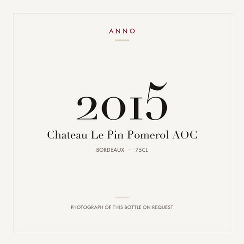 Chateau Le Pin Pomerol 2015 AOC 0,75l, Bordéus — cartão de colheita ANNO; fotografia da garrafa real disponível a pedido