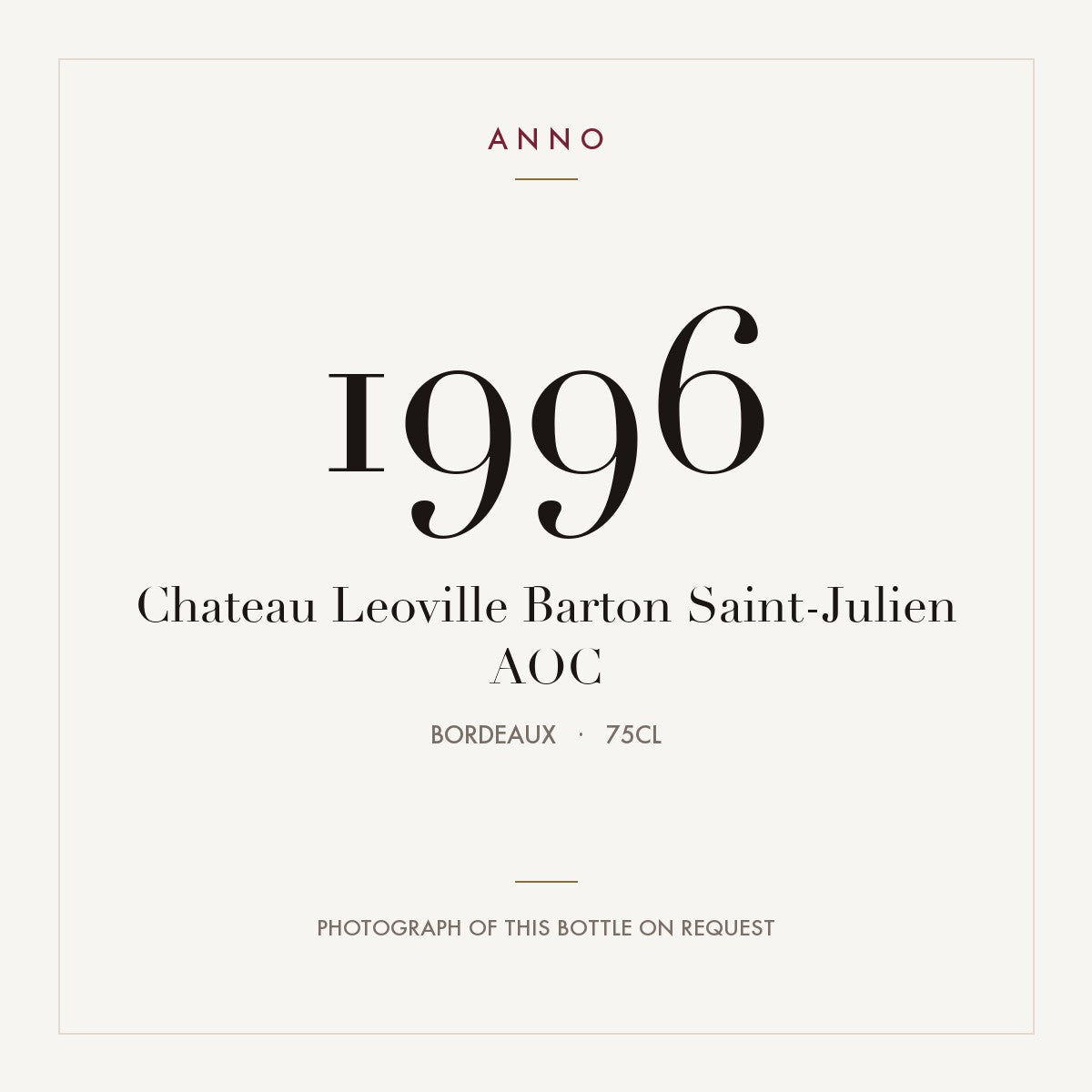 Chateau Leoville Barton Saint-Julien 1996 AOC 0,75l, Bordéus — cartão de colheita ANNO; fotografia da garrafa real disponível a pedido