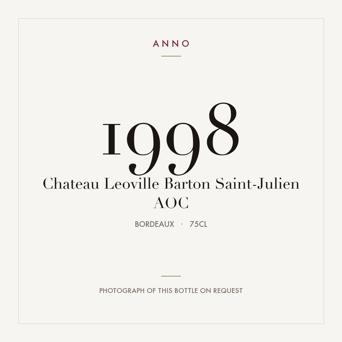 Chateau Leoville Barton Saint-Julien 1998 AOC 0,75l from Bordeaux — ANNO vintage card; photograph of the actual bottle available on request