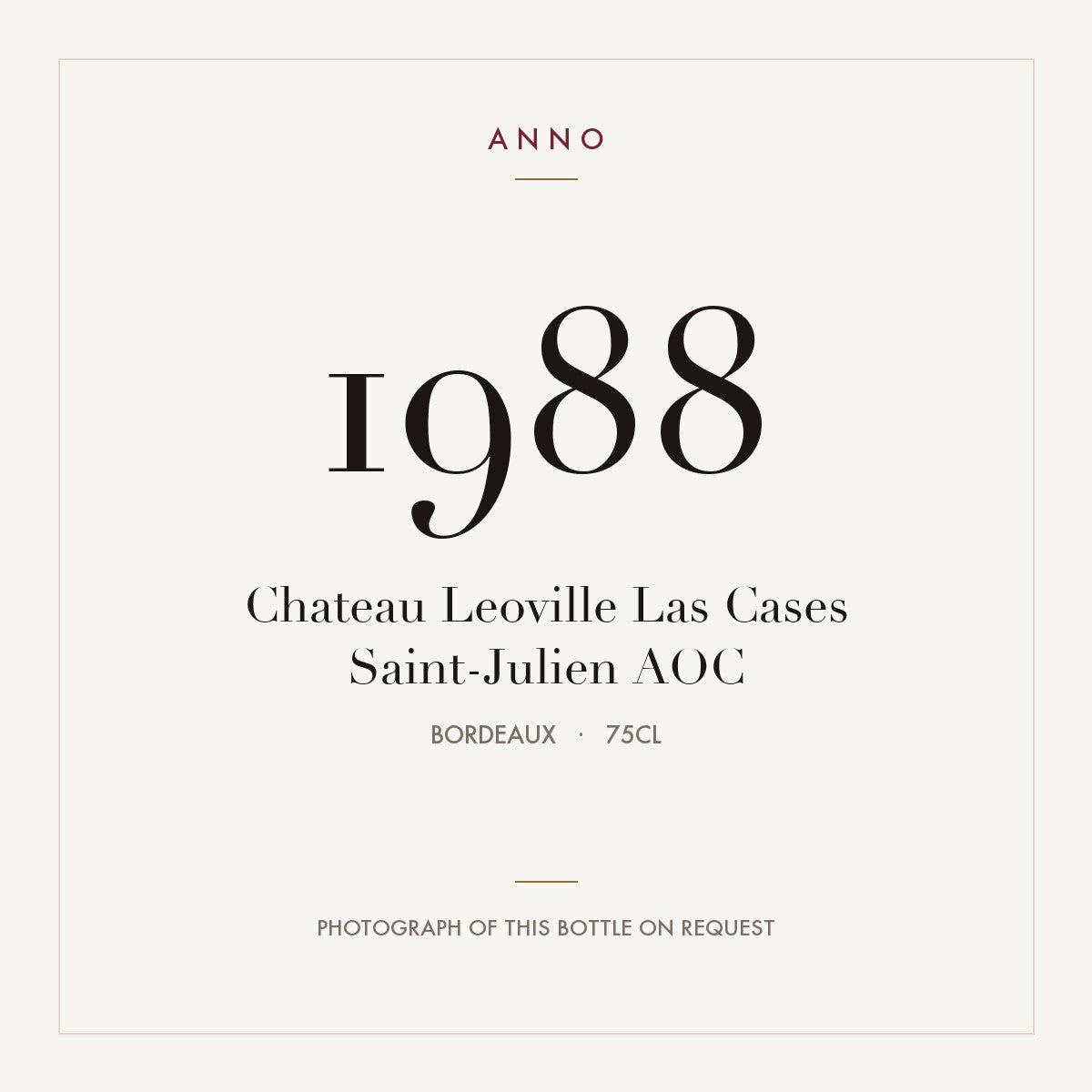 Chateau Leoville Las Cases Saint-Julien 1988 AOC 0,75l, Burdeos — tarjeta de añada ANNO; foto de la botella real disponible bajo petición