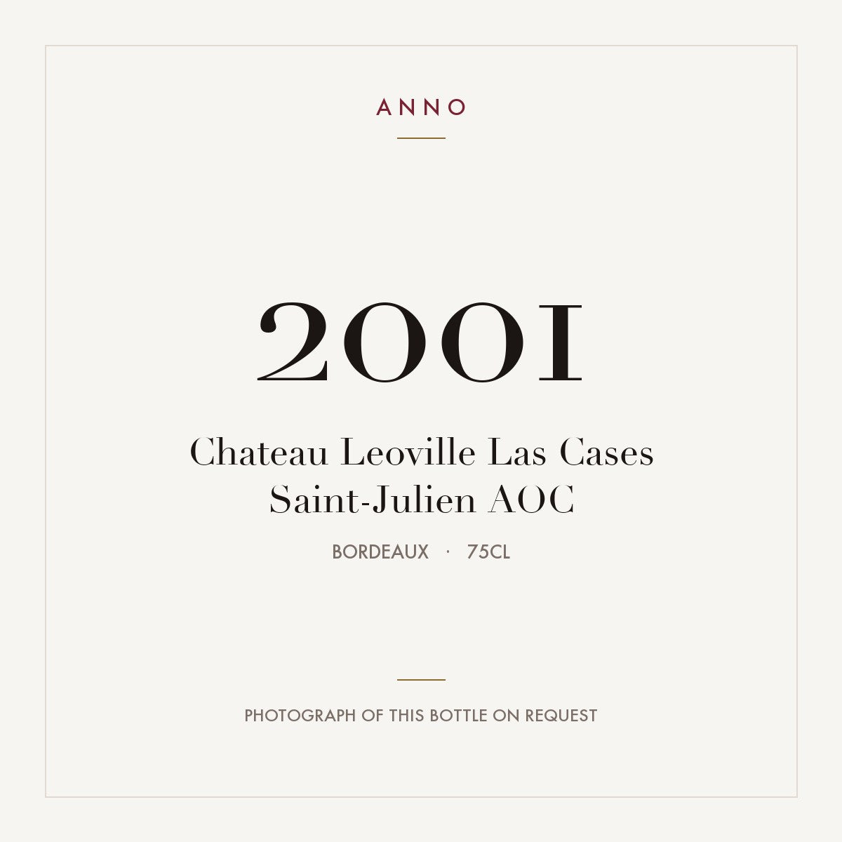 Chateau Leoville Las Cases Saint-Julien 2001 AOC 0,75l from Bordeaux — ANNO vintage card; photograph of the actual bottle available on request