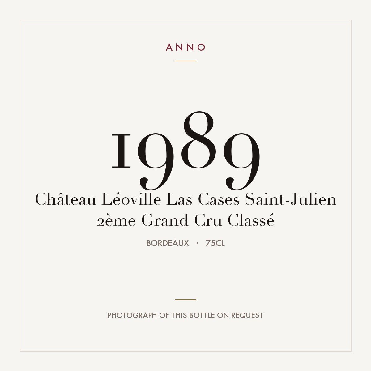 Chateau Leoville Las Cases Saint-Julien 1989 AOC 0,75l — ANNO vintage card; photograph of the actual bottle available on request