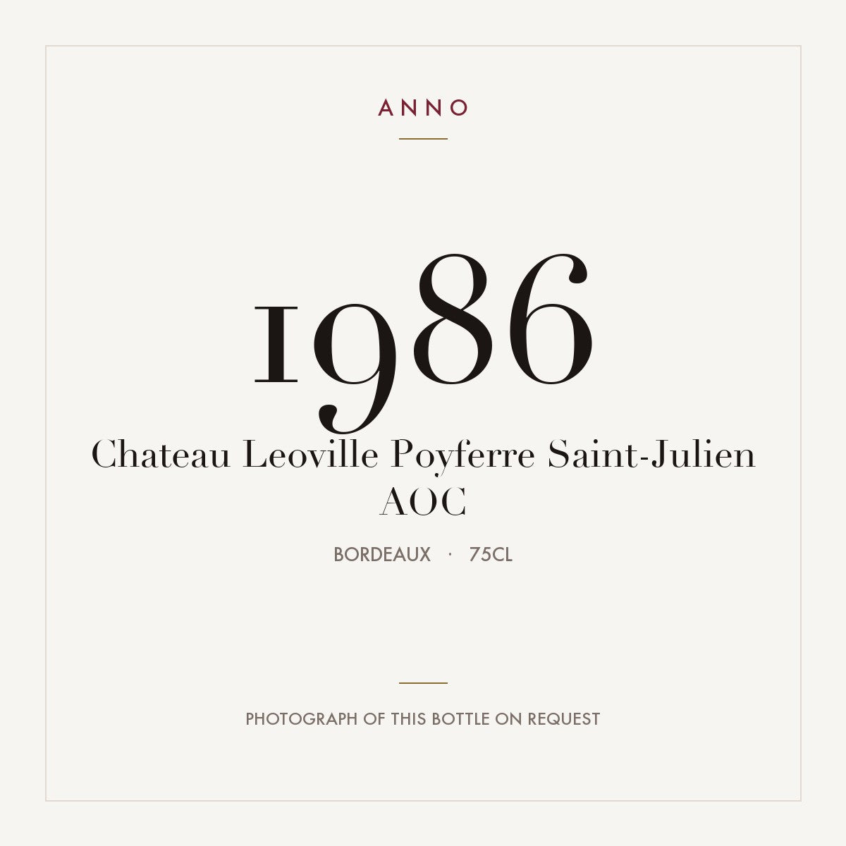 Chateau Leoville Poyferre Saint-Julien 1986 AOC 0,75l from Bordeaux — ANNO vintage card; photograph of the actual bottle available on request