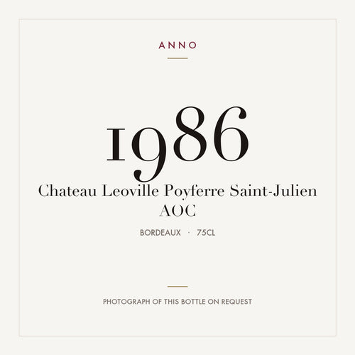 Chateau Leoville Poyferre Saint-Julien 1986 AOC 0,75l from Bordeaux — ANNO vintage card; photograph of the actual bottle available on request