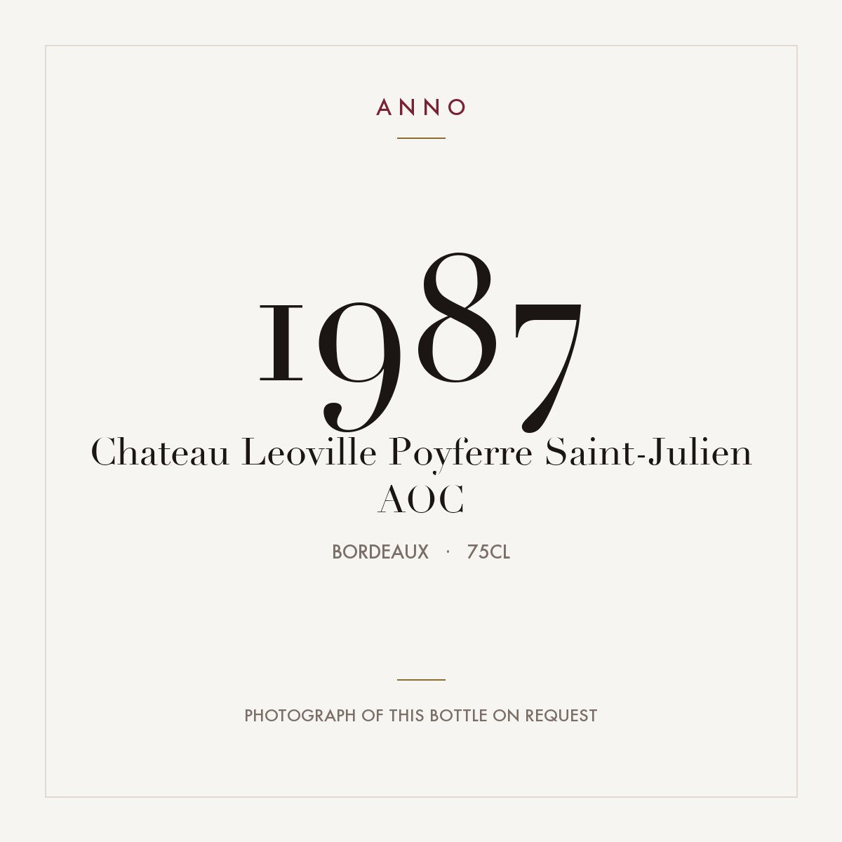 Chateau Leoville Poyferre Saint-Julien 1987 AOC 0,75l from Bordeaux — ANNO vintage card; photograph of the actual bottle available on request