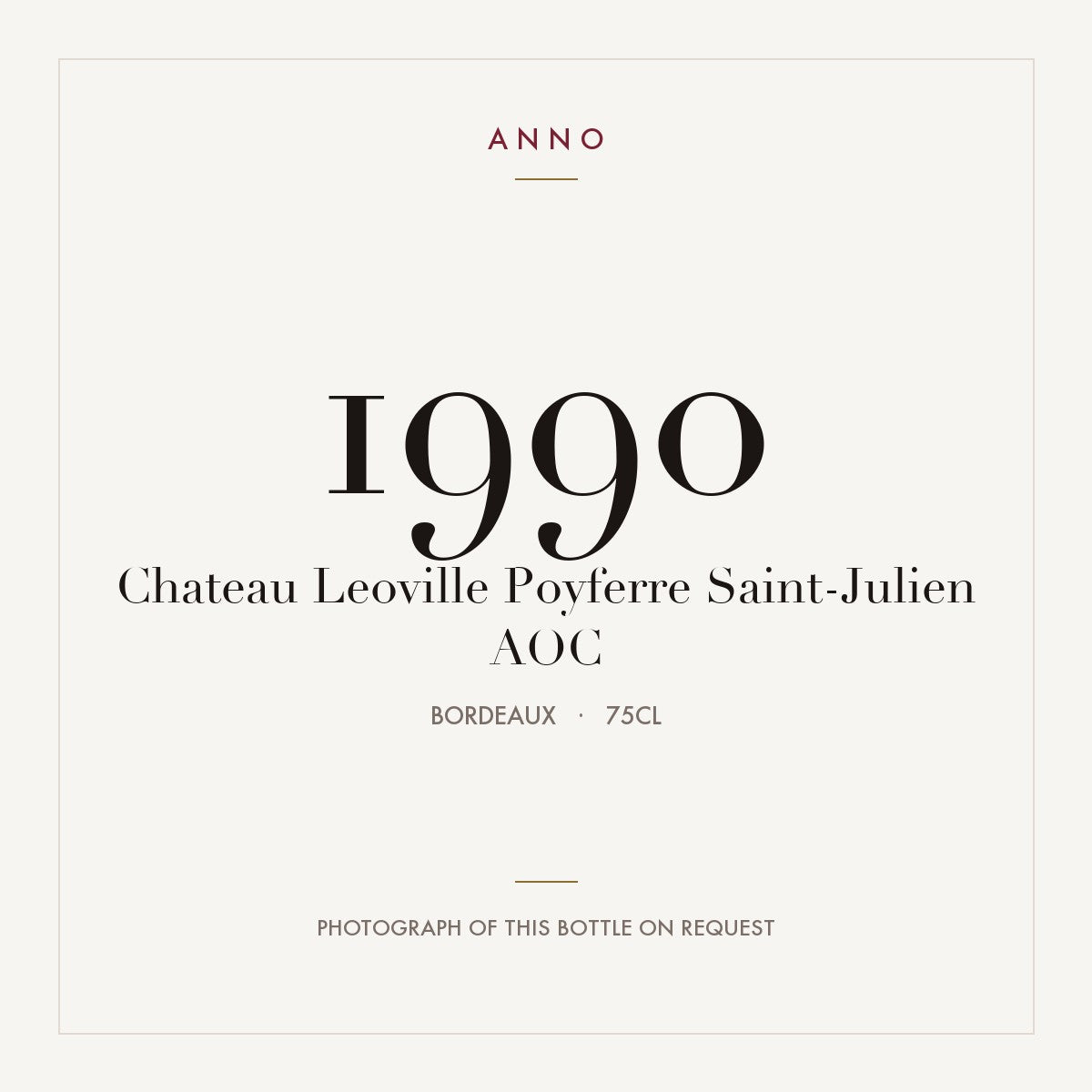 Chateau Leoville Poyferre Saint-Julien 1990 AOC 0,75l from Bordeaux — ANNO vintage card; photograph of the actual bottle available on request