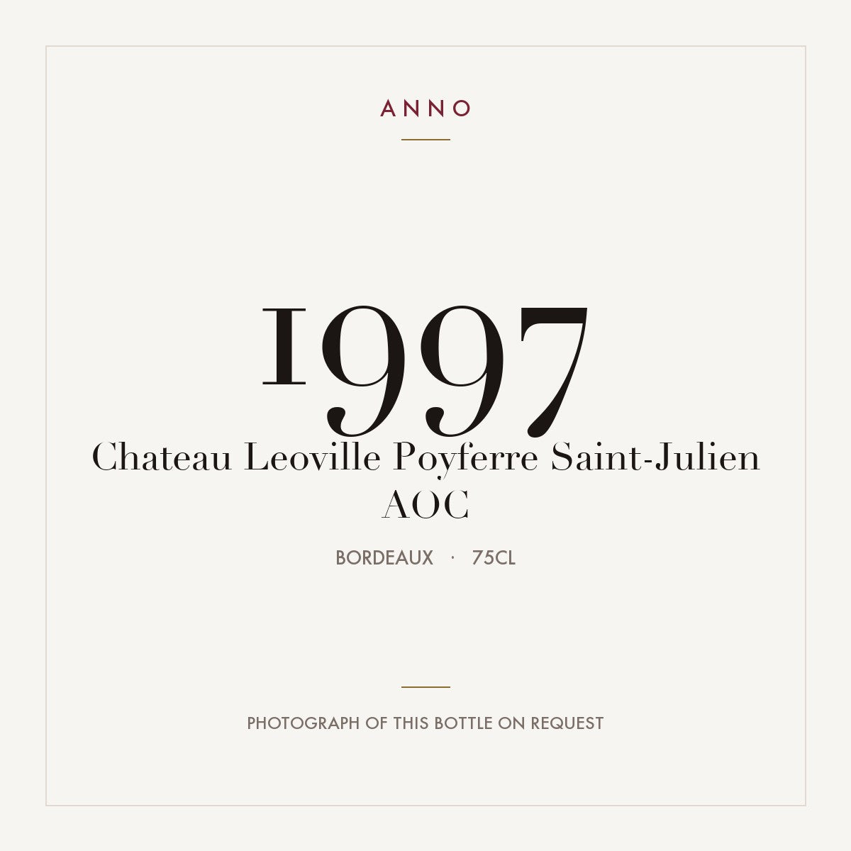 Chateau Leoville Poyferre Saint-Julien 1997 AOC 0,75l from Bordeaux — ANNO vintage card; photograph of the actual bottle available on request