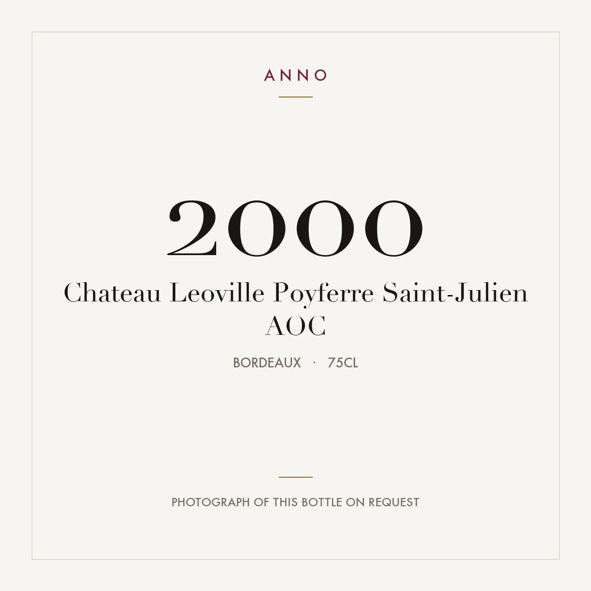 Chateau Leoville Poyferre Saint-Julien 2000 AOC 0,75l, Burdeos — tarjeta de añada ANNO; foto de la botella real disponible bajo petición