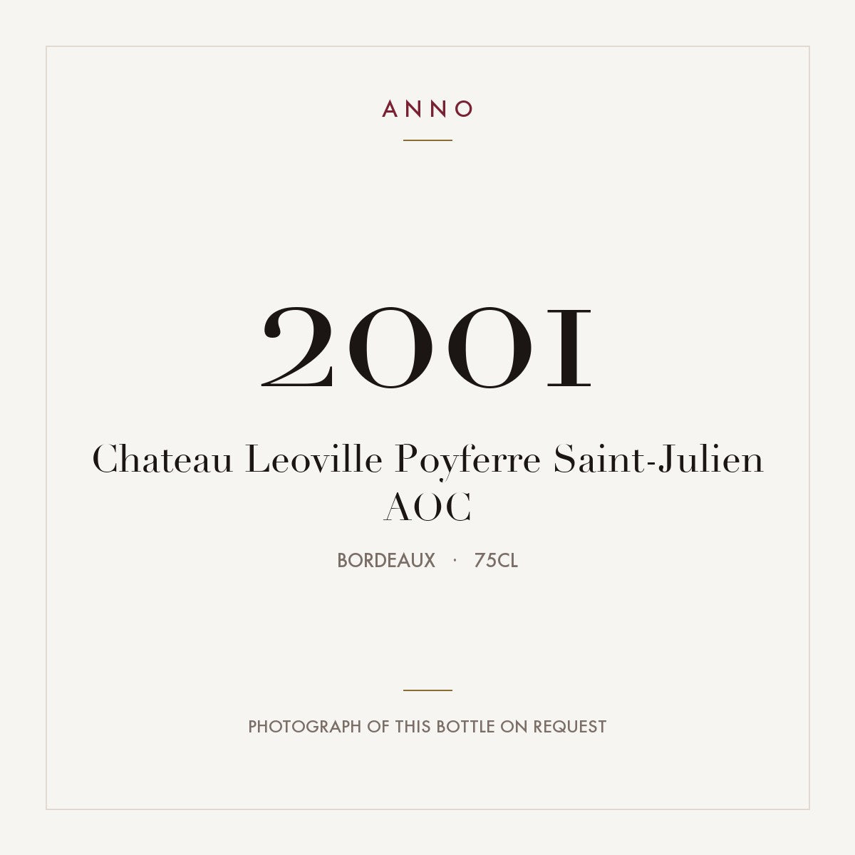 Chateau Leoville Poyferre Saint-Julien 2001 AOC 0,75l from Bordeaux — ANNO vintage card; photograph of the actual bottle available on request
