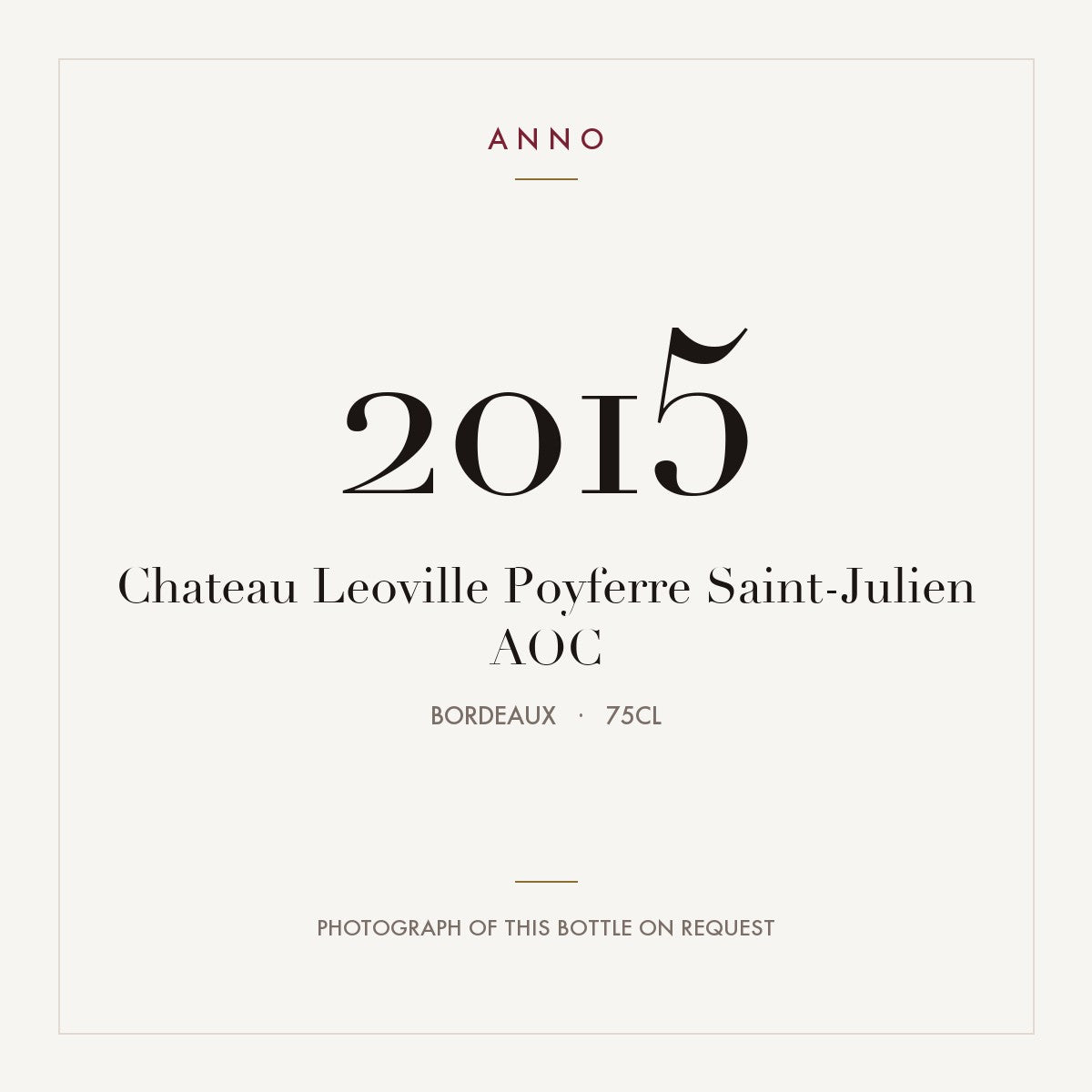Chateau Leoville Poyferre Saint-Julien 2015 AOC 0,75l from Bordeaux — ANNO vintage card; photograph of the actual bottle available on request