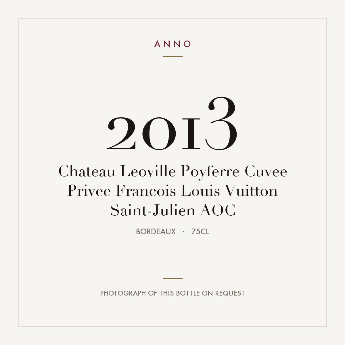 Chateau Leoville Poyferre Cuvee Privee Francois Louis Vuitton Saint-Julien 2013 AOC 0,75l, Bordeaux — ANNO-Jahrgangskarte; Foto der tatsächlichen Flasche auf Anfrage