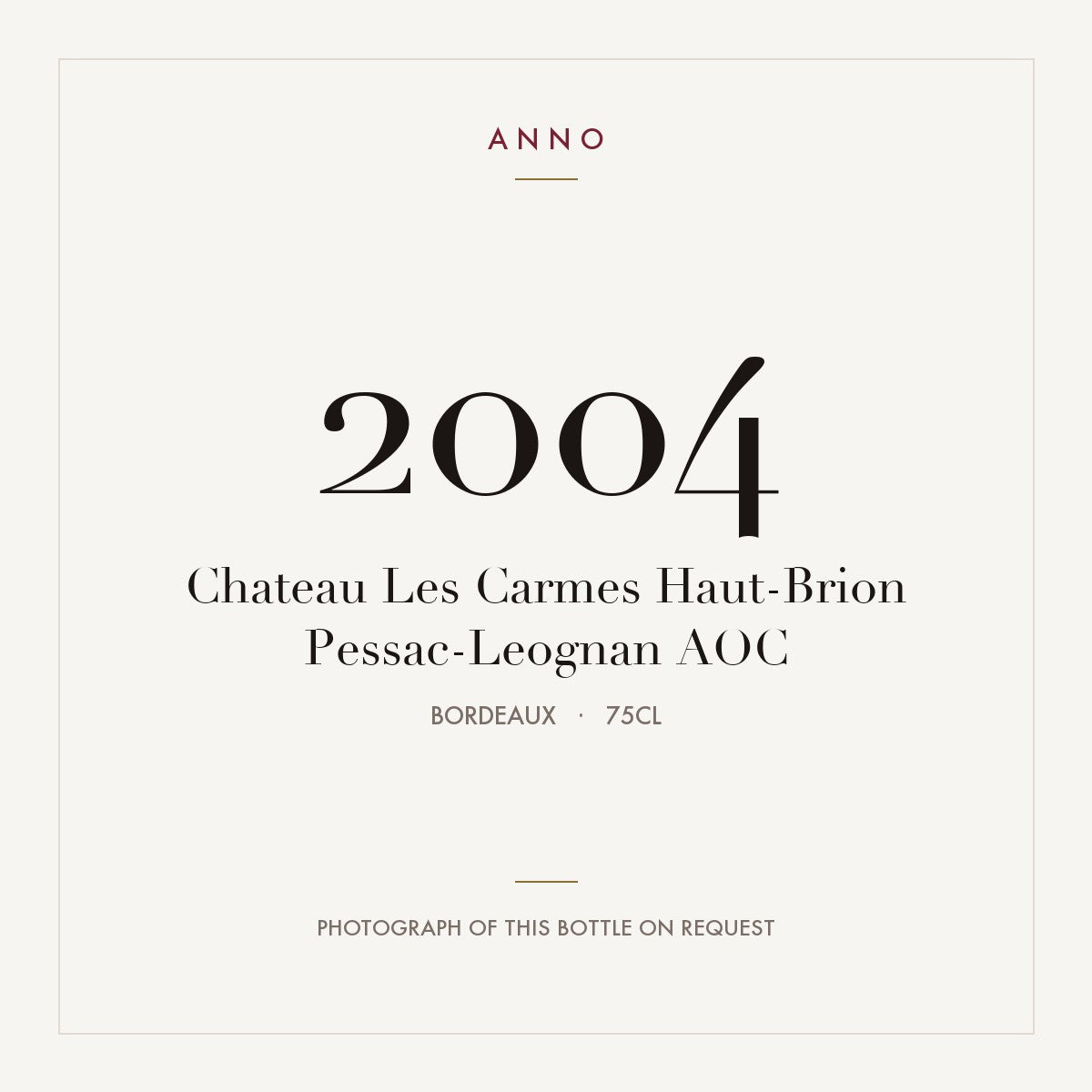 Chateau Les Carmes Haut-Brion Pessac-Leognan 2004 AOC 0,75l from Bordeaux — ANNO vintage card; photograph of the actual bottle available on request
